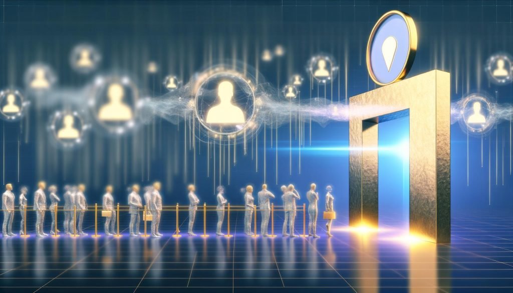 Stilisiertes goldenes Tor im digitalen Raum, davor Menschen in Business-Kleidung in einer Warteschlange unter dem LinkedIn-Logo. Unsichtbare Hände aus Datenströmen wählen Einzelne aus, im Hintergrund thronen Influencer und Top Voices hinter hohen digitalen Barrieren. Kalte Farbstimmung mit goldenen Lichteffekten.