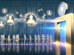 Stilisiertes goldenes Tor im digitalen Raum, davor Menschen in Business-Kleidung in einer Warteschlange unter dem LinkedIn-Logo. Unsichtbare Hände aus Datenströmen wählen Einzelne aus, im Hintergrund thronen Influencer und Top Voices hinter hohen digitalen Barrieren. Kalte Farbstimmung mit goldenen Lichteffekten.