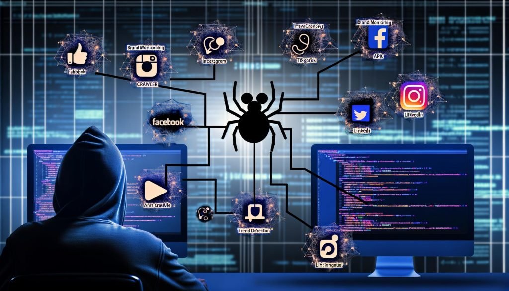 Illustrationen eines Serverraums und mehrerer Social-Media-Plattformen mit stilisierten Crawlern, programmierenden Personen, Datenströmen, Schutzmaßnahmen, Monitoring-Dashboards und Interfaces von Instagram, Facebook, TikTok, LinkedIn und Twitter/X sowie praxisnahen Szenen zur Analyse und Datenkontrolle.