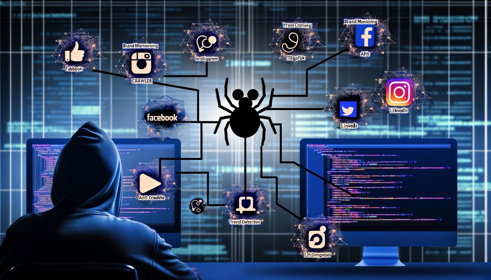 Illustrationen eines Serverraums und mehrerer Social-Media-Plattformen mit stilisierten Crawlern, programmierenden Personen, Datenströmen, Schutzmaßnahmen, Monitoring-Dashboards und Interfaces von Instagram, Facebook, TikTok, LinkedIn und Twitter/X sowie praxisnahen Szenen zur Analyse und Datenkontrolle.