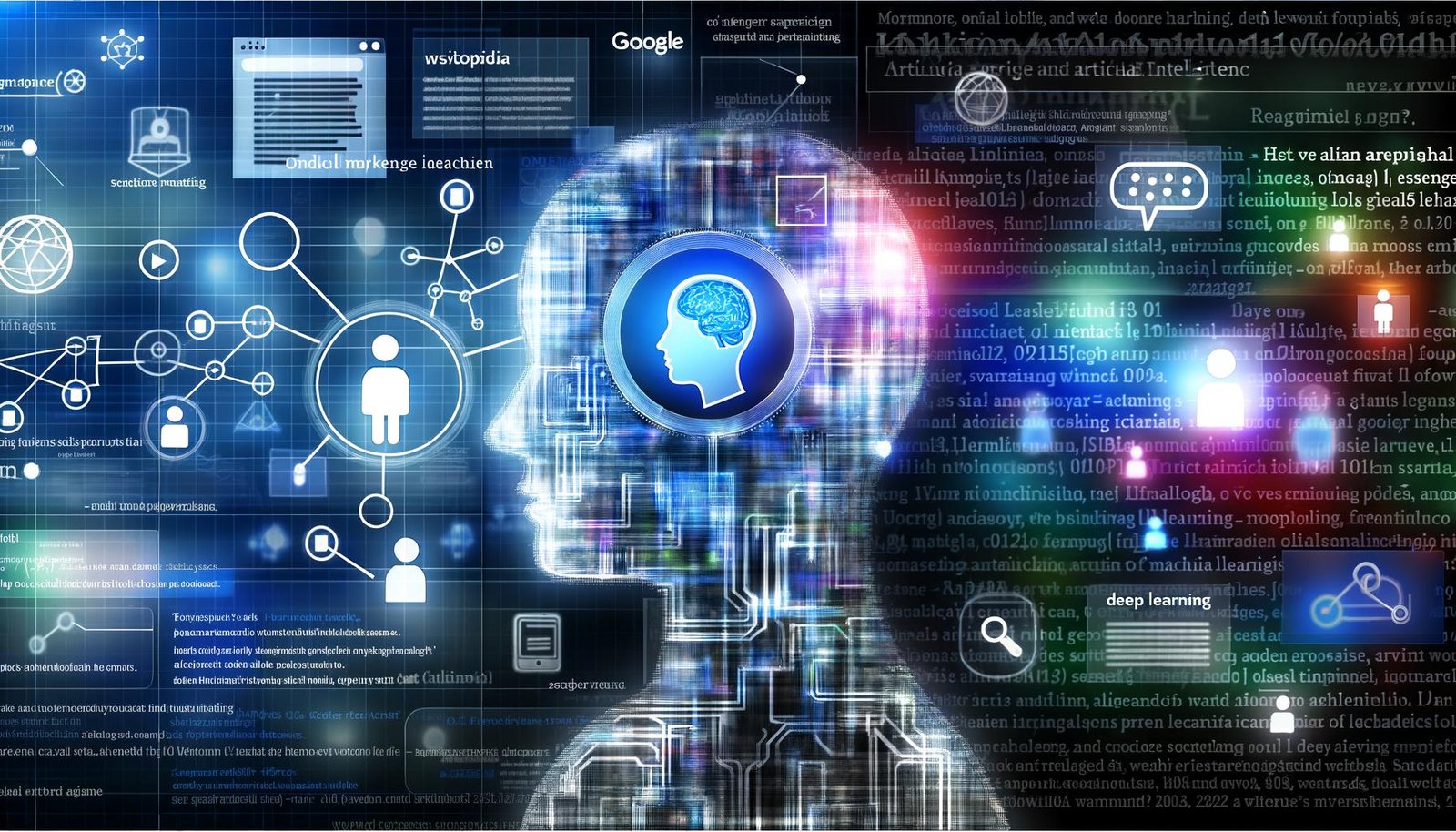 Moderne Titelgrafik mit Roboterkopf, digitalen Schaltungen, Wikipedia-Text über künstliche Intelligenz, Datennetzwerken und Online-Marketing-Symbolen auf blau-neonfarbenem Hintergrund.