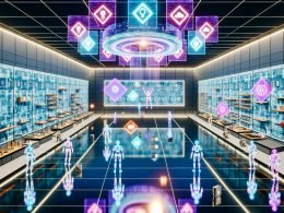 Futuristischer digitaler Metaverse-Store mit holographischen Elementen, interaktiven 3D-Touchpoints, Avataren, NFTs, Blockchain-Visuals sowie KI-Personalisierung und Community-Symbolen.