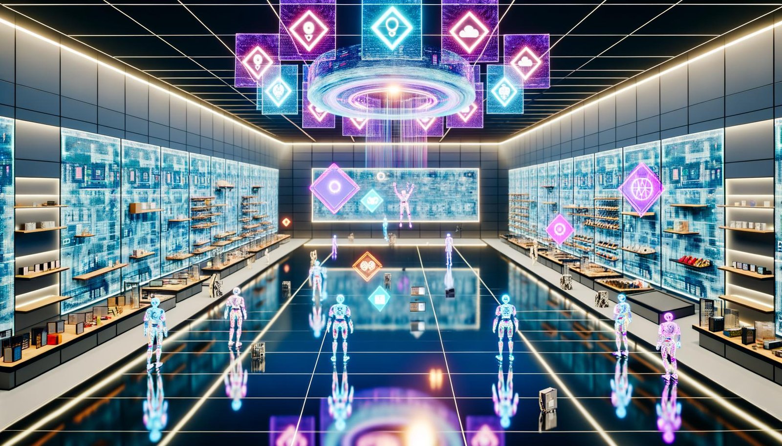 Futuristischer digitaler Metaverse-Store mit holographischen Elementen, interaktiven 3D-Touchpoints, Avataren, NFTs, Blockchain-Visuals sowie KI-Personalisierung und Community-Symbolen.