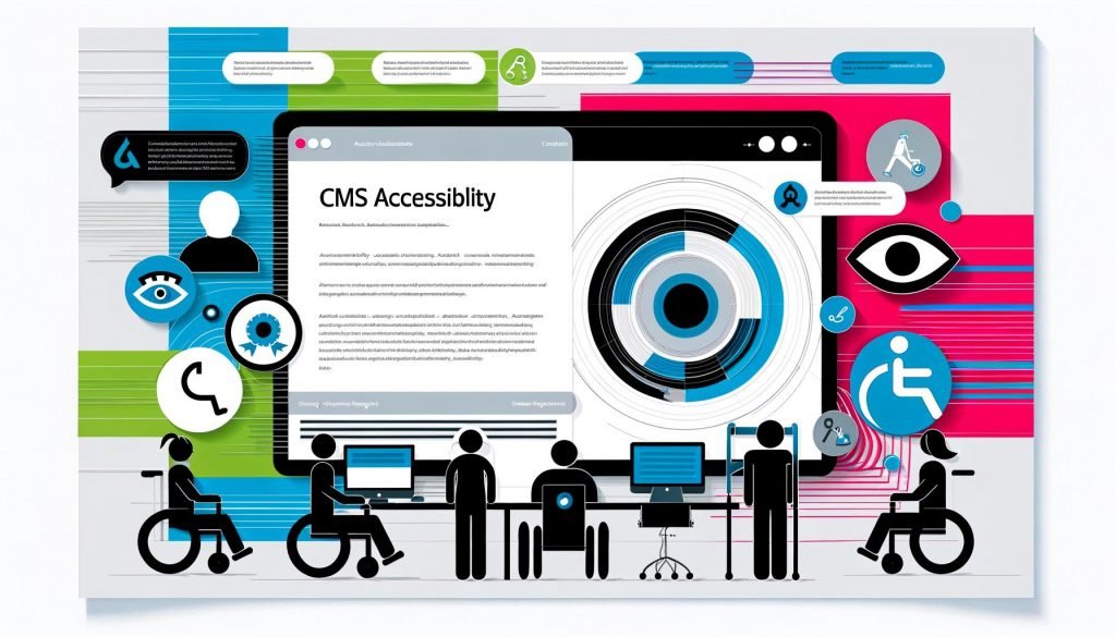 Moderne Titelseite mit abstrahiertem CMS-Dashboard, kontrastreichen, barrierefreien Elementen, Inklusionssymbolen und einer vielfältigen Gruppe von Menschen mit unterschiedlichen Fähigkeiten an Bildschirmen.
