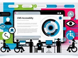 Moderne Titelseite mit abstrahiertem CMS-Dashboard, kontrastreichen, barrierefreien Elementen, Inklusionssymbolen und einer vielfältigen Gruppe von Menschen mit unterschiedlichen Fähigkeiten an Bildschirmen.