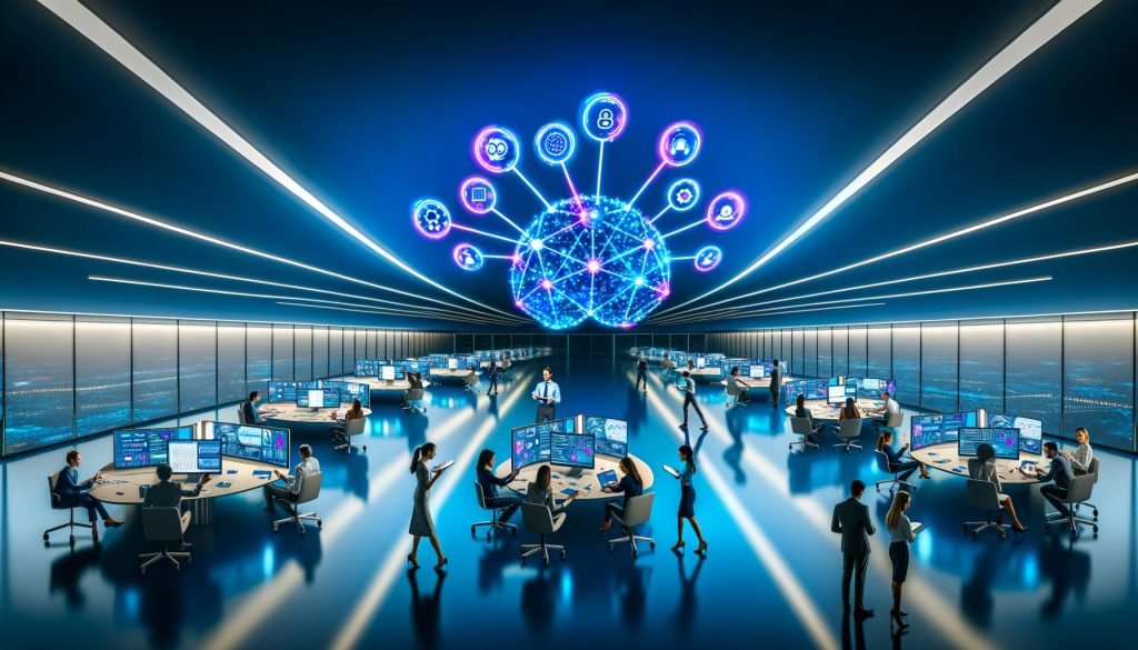 Futuristisches Büro mit Team, das an Bildschirmen mit farbenfrohen Datenvisualisierungen, Customer Journey Maps und Cluster-Diagrammen arbeitet; leuchtende Datenlinien verbinden Geräte mit einer gehirnförmigen zentralen Datenplattform.