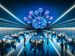 Futuristisches Büro mit Team, das an Bildschirmen mit farbenfrohen Datenvisualisierungen, Customer Journey Maps und Cluster-Diagrammen arbeitet; leuchtende Datenlinien verbinden Geräte mit einer gehirnförmigen zentralen Datenplattform.