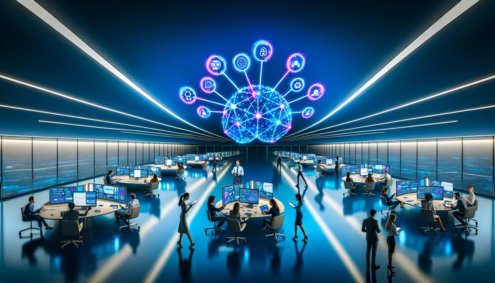 Futuristisches Büro mit Team, das an Bildschirmen mit farbenfrohen Datenvisualisierungen, Customer Journey Maps und Cluster-Diagrammen arbeitet; leuchtende Datenlinien verbinden Geräte mit einer gehirnförmigen zentralen Datenplattform.