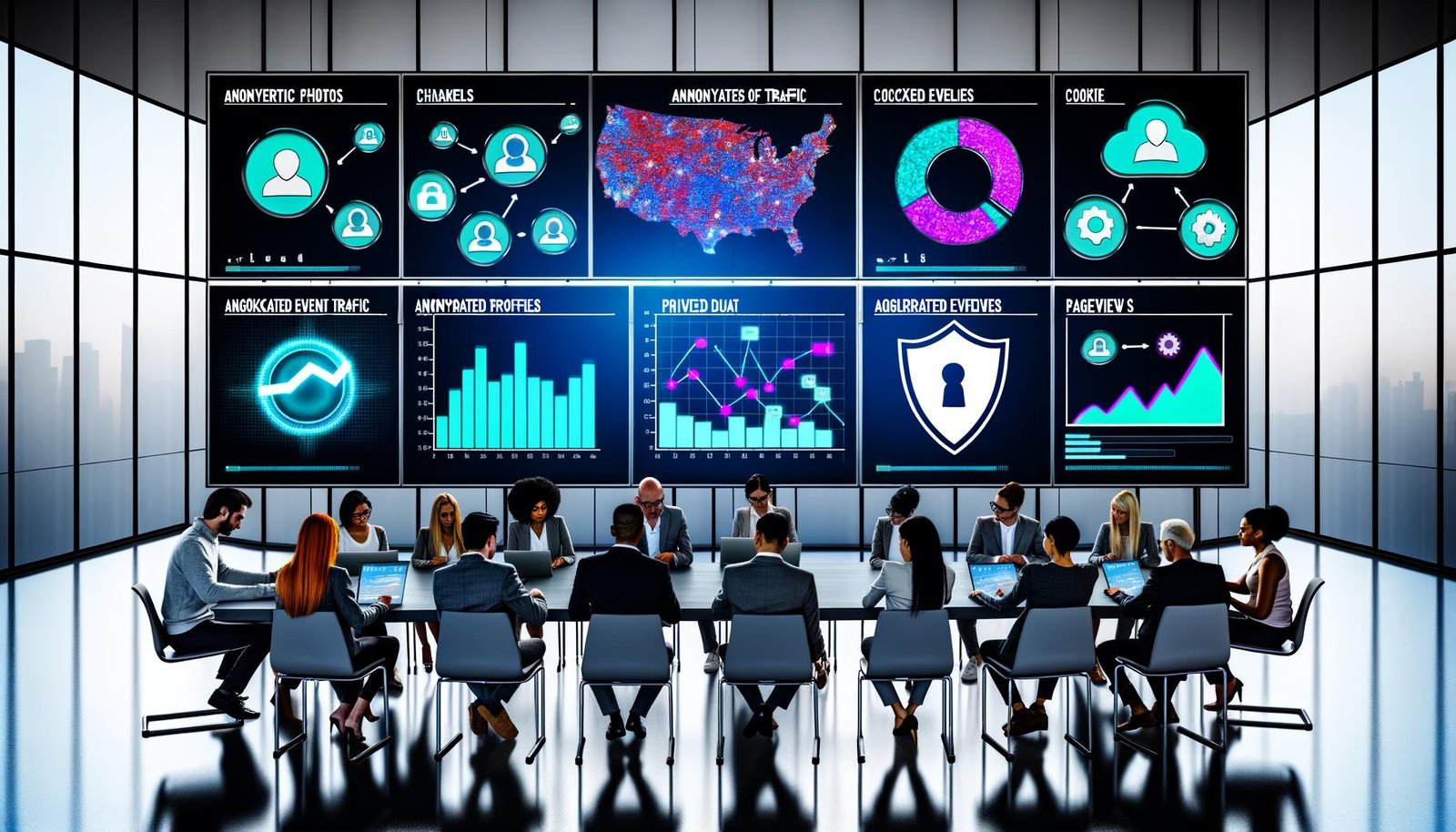 Team von Marketern und Analysten betrachtet im modernen Büro große Bildschirme mit anonymisierten Analytics-Daten, umgeben von Datenschutz- und Sicherheitssymbolen wie Schild und Schloss.