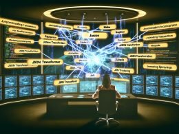 Illustration eines modernen Marketing-Kommandocenters mit Bildschirmen, Datenströmen und einem Marketer, der JSON-Transformer-Tools wie Zapier, n8n, Make, JSONata, Jolt und jq untersucht.