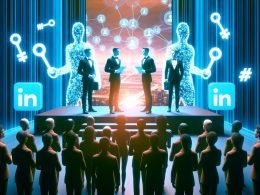 Elegante Menschen in Anzügen halten symbolische Schlüssel auf einer erhöhten Plattform, während diverse LinkedIn-Nutzer darunter auf Einlass warten; digitale Atmosphäre mit Icons und Datenströmen.
