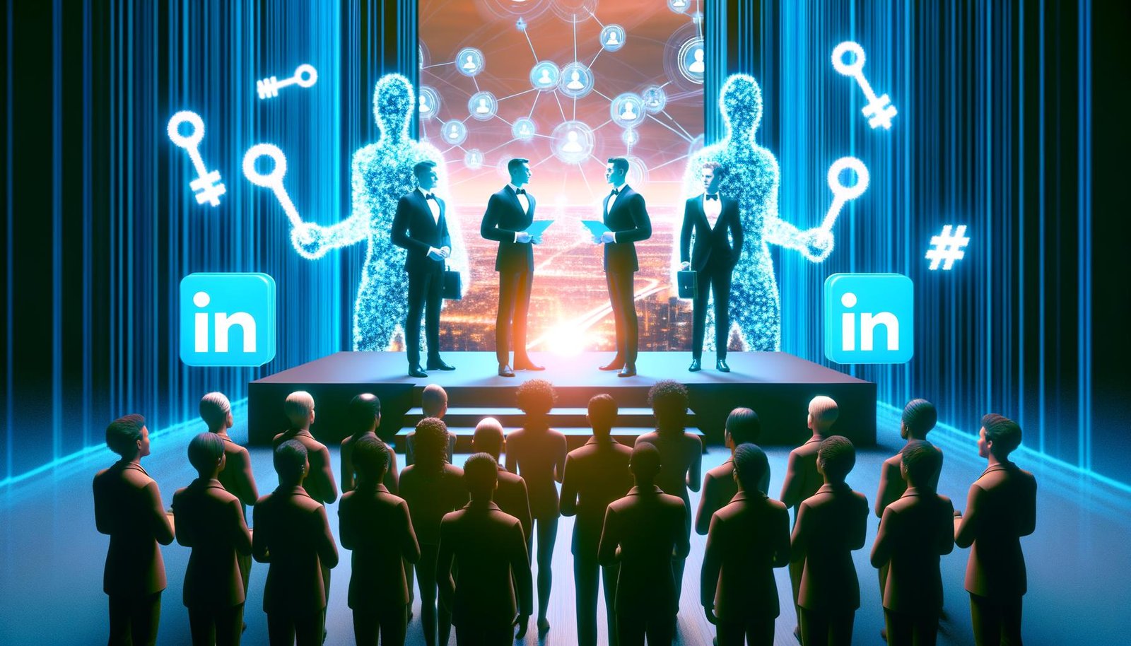 Elegante Menschen in Anzügen halten symbolische Schlüssel auf einer erhöhten Plattform, während diverse LinkedIn-Nutzer darunter auf Einlass warten; digitale Atmosphäre mit Icons und Datenströmen.
