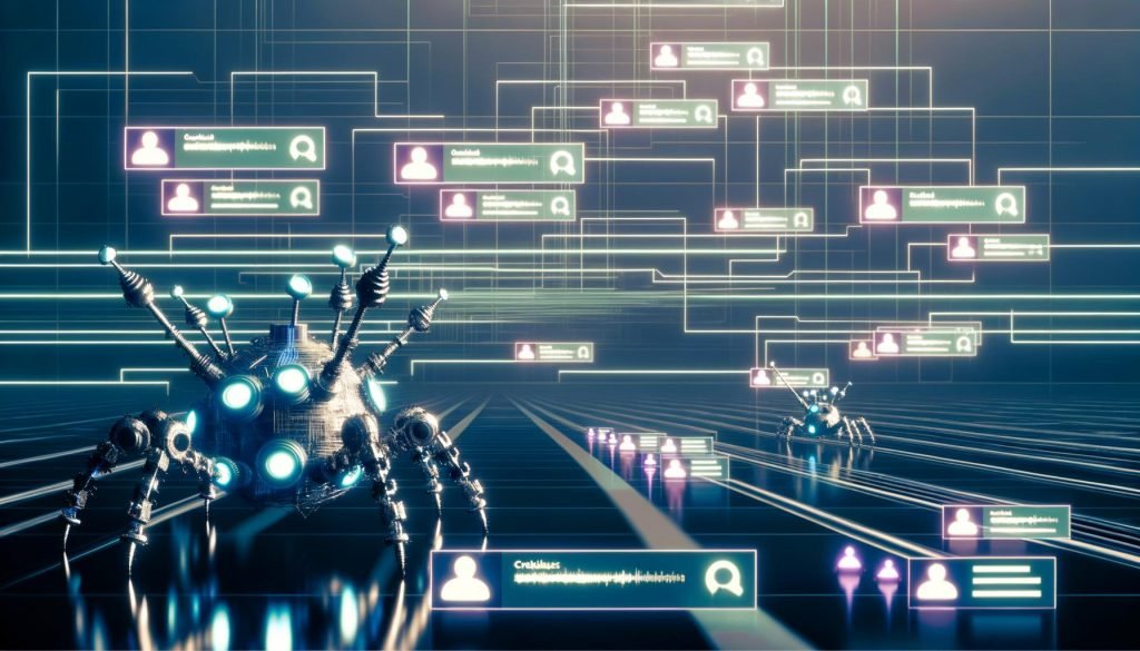 Dunkle Serverlandschaft mit leuchtenden Datenströmen zu Social-Media-Icons, im Vordergrund abstrahierte Crawler-Roboter, Symbole für Verschlüsselung und Datenschutz, cyberpunkartige Überwachungsatmosphäre.