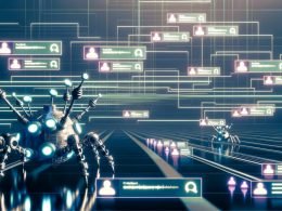 Dunkle Serverlandschaft mit leuchtenden Datenströmen zu Social-Media-Icons, im Vordergrund abstrahierte Crawler-Roboter, Symbole für Verschlüsselung und Datenschutz, cyberpunkartige Überwachungsatmosphäre.