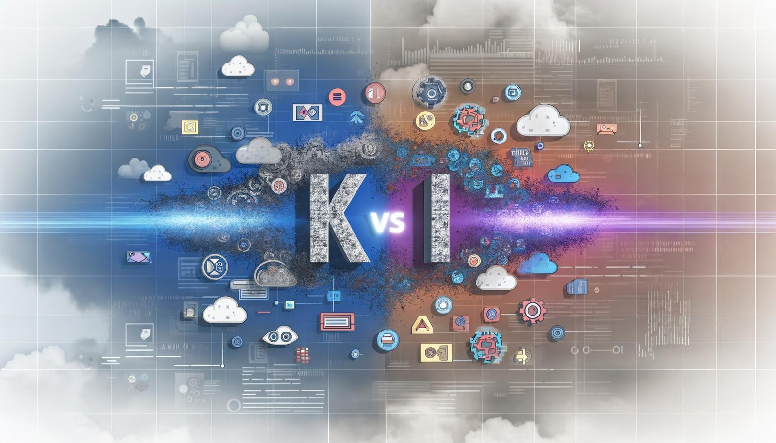 Illustration mit zentraler Kollision zwischen KI in robusten Blau- und Grautönen und AI in futuristischen, farbigen Buchstaben, umgeben von Marketing-Icons, Datenströmen und einem digitalen Netzwerk.