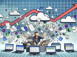 Digitale Illustration eines überforderten Menschen an einem chaotischen Schreibtisch mit Zetteln, Excel-Listen, Kundendaten und Software-Icons wie Google Analytics und CRM-Systemen, umgeben von Datenwolken und offenen Laptops.