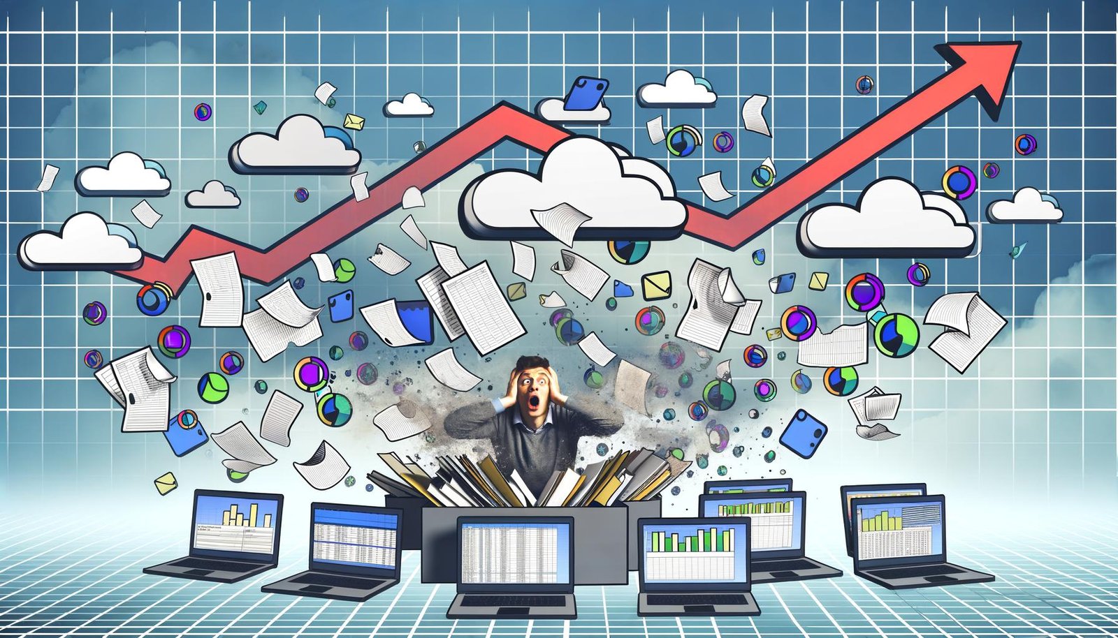 Digitale Illustration eines überforderten Menschen an einem chaotischen Schreibtisch mit Zetteln, Excel-Listen, Kundendaten und Software-Icons wie Google Analytics und CRM-Systemen, umgeben von Datenwolken und offenen Laptops.