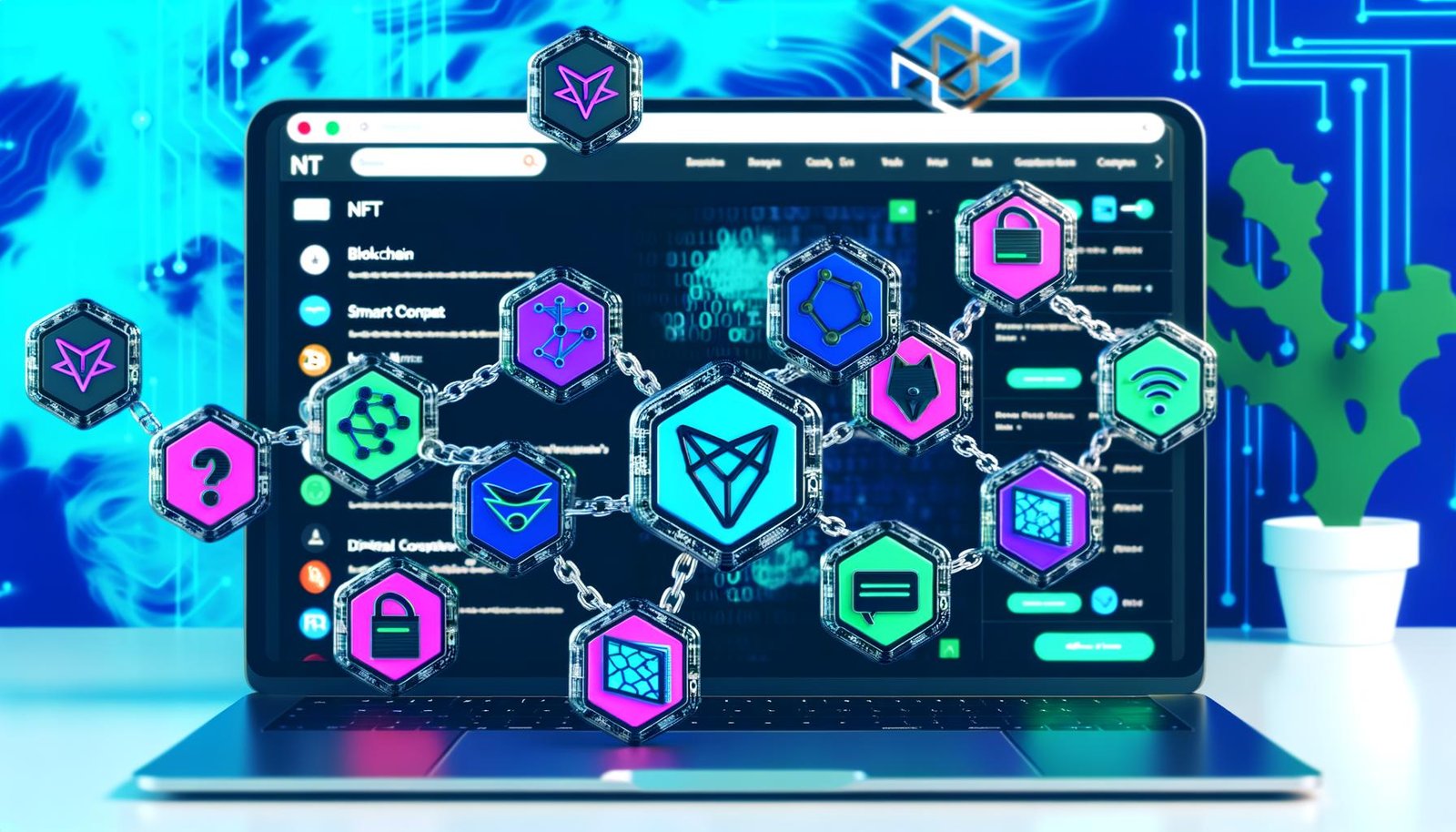 Shopify-Backend am Laptop mit Web3-Elementen wie Blockchain-Kettengliedern, bunten NFT-Sammelkarten, MetaMask- und Coinbase-Logos sowie Smart-Contract-Symbolen. Im Hintergrund ein digitaler Streetwear-Shop.