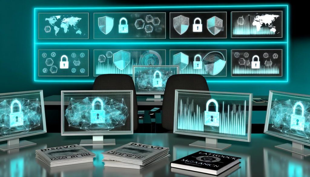 Futuristischer Arbeitsplatz mit anonymisierten Analysediagrammen, Datenschutz-Symbolen, DSGVO- und Datenschutzbüchern sowie 404 Magazine-Tasse, alles in blau-grüner Beleuchtung.