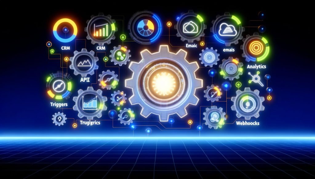 Modernes technisches Control-Center mit digitaler Schaltzentrale, Workflow-Engine, verbundenen CRM-, E-Mail-, Analytics-, API-, Trigger- und Webhook-Icons, in leuchtenden Blau- und Grüntönen.