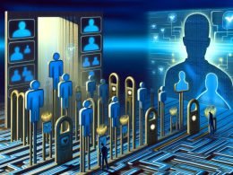 Surreale digitale Szene eines verschlungenen LinkedIn-Feeds mit stilisierten Gatekeepern, profilbildartigen Avataren und menschlichen Silhouetten in einer techno-blauen Umgebung.