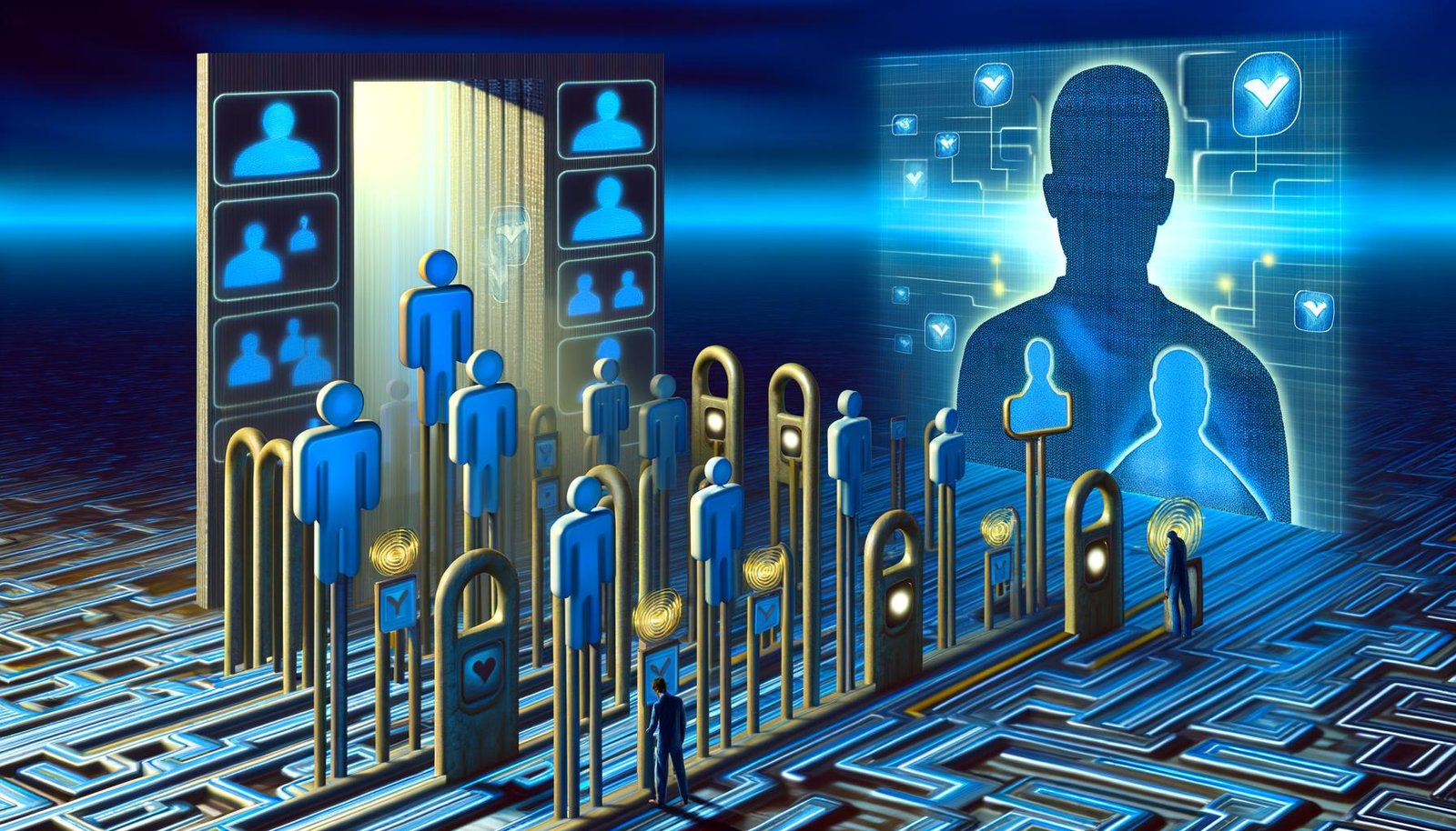 Surreale digitale Szene eines verschlungenen LinkedIn-Feeds mit stilisierten Gatekeepern, profilbildartigen Avataren und menschlichen Silhouetten in einer techno-blauen Umgebung.