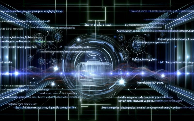 Futuristisch gestalteter Kontrollraum mit visualisierten Datenströmen, Knowledge Graphs, pulsierenden Signalverbindungen und leuchtendem Netzwerk als Symbol für SEO-Prozesse.