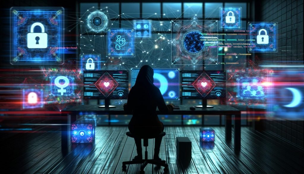 Cyberpunk-inspiriertes Büro mit holografischen Social-Media-Icons, einer Person vor mehreren Monitoren voller Code, Netzwerkgrafiken und Analytics. Im Hintergrund analysieren Crawler-Bots Social-Media-Feeds.