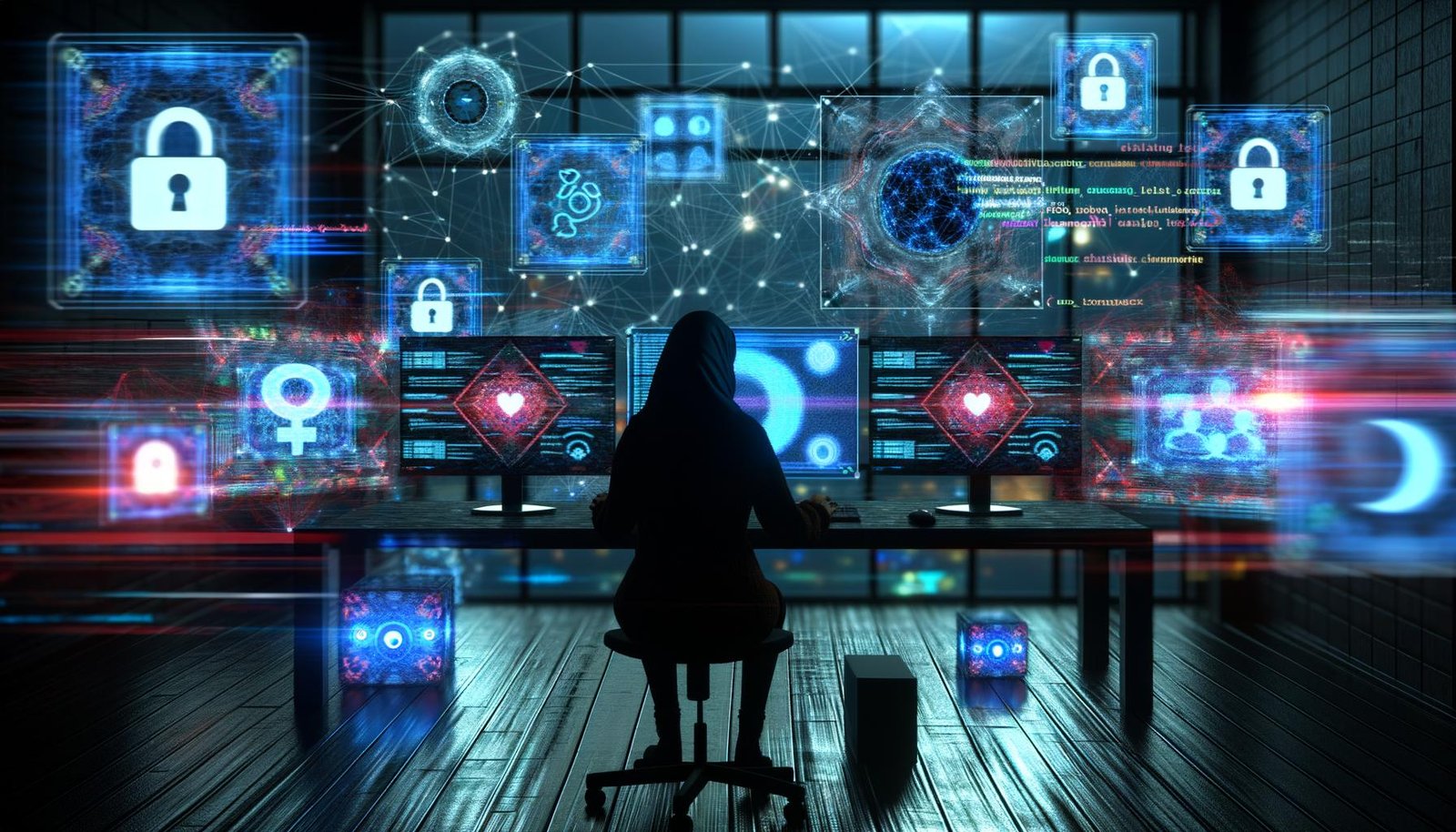 Cyberpunk-inspiriertes Büro mit holografischen Social-Media-Icons, einer Person vor mehreren Monitoren voller Code, Netzwerkgrafiken und Analytics. Im Hintergrund analysieren Crawler-Bots Social-Media-Feeds.