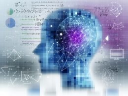 Abstraktes Titelbild mit digitalem menschlichem Kopf, umgeben von mathematischen Formeln und Schaltkreisen, im Hintergrund moderne Computer für Magazinartikel zu künstlicher Intelligenz.