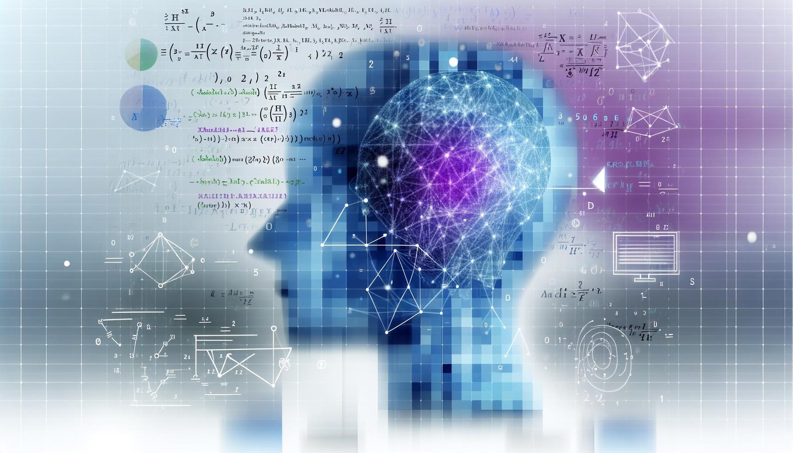 Abstraktes Titelbild mit digitalem menschlichem Kopf, umgeben von mathematischen Formeln und Schaltkreisen, im Hintergrund moderne Computer für Magazinartikel zu künstlicher Intelligenz.