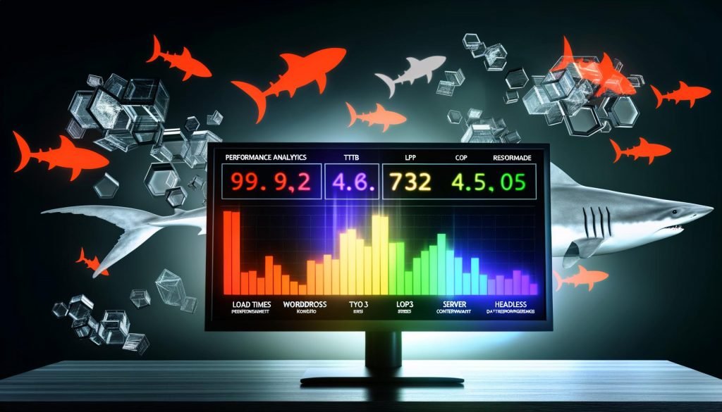 Leuchtende Performance-Metriken auf einem modernen Bildschirm, mit abstrakten CMS-Symbolen von WordPress, TYPO3 und Headless vor dunklem Hintergrund.