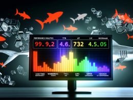 Leuchtende Performance-Metriken auf einem modernen Bildschirm, mit abstrakten CMS-Symbolen von WordPress, TYPO3 und Headless vor dunklem Hintergrund.