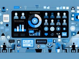 Futuristische, minimalistische Illustration eines modernen Arbeitsplatzes mit Dashboard, Datenvisualisierungen, Machine Learning-Modellen, Avataren verschiedener Zielgruppen und Symbolen für smarte Erkenntnisse.