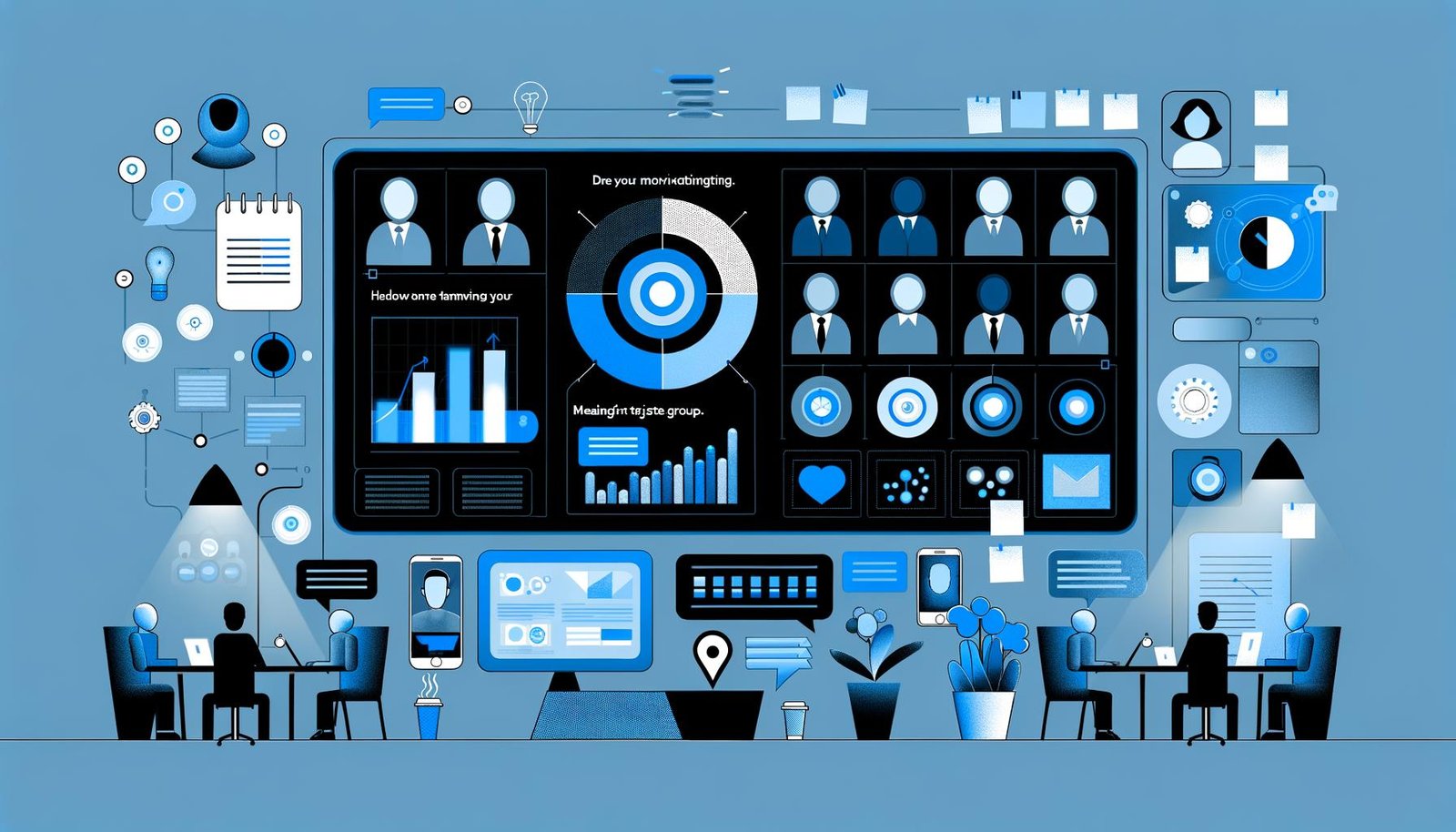 Futuristische, minimalistische Illustration eines modernen Arbeitsplatzes mit Dashboard, Datenvisualisierungen, Machine Learning-Modellen, Avataren verschiedener Zielgruppen und Symbolen für smarte Erkenntnisse.