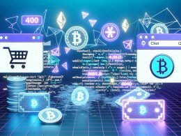 Futuristische Titelgrafik eines Shopify-Online-Shops mit klassischen Shop-Symbolen, verschmolzen mit schwebenden NFT-Token in Blockchain-Strukturen und neonblauer, violetter Farbgebung.