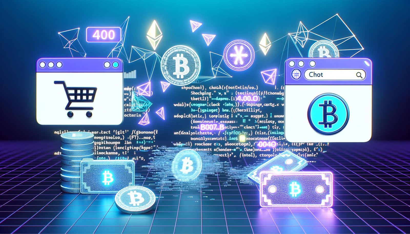 Futuristische Titelgrafik eines Shopify-Online-Shops mit klassischen Shop-Symbolen, verschmolzen mit schwebenden NFT-Token in Blockchain-Strukturen und neonblauer, violetter Farbgebung.