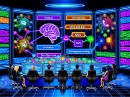 Futuristischer Kontrollraum mit digitalen Bildschirmen, die schema.org-Symbole, KI-Grafiken und automatische Generierung von strukturiertem Daten-Code durch SEO-Profis zeigen.