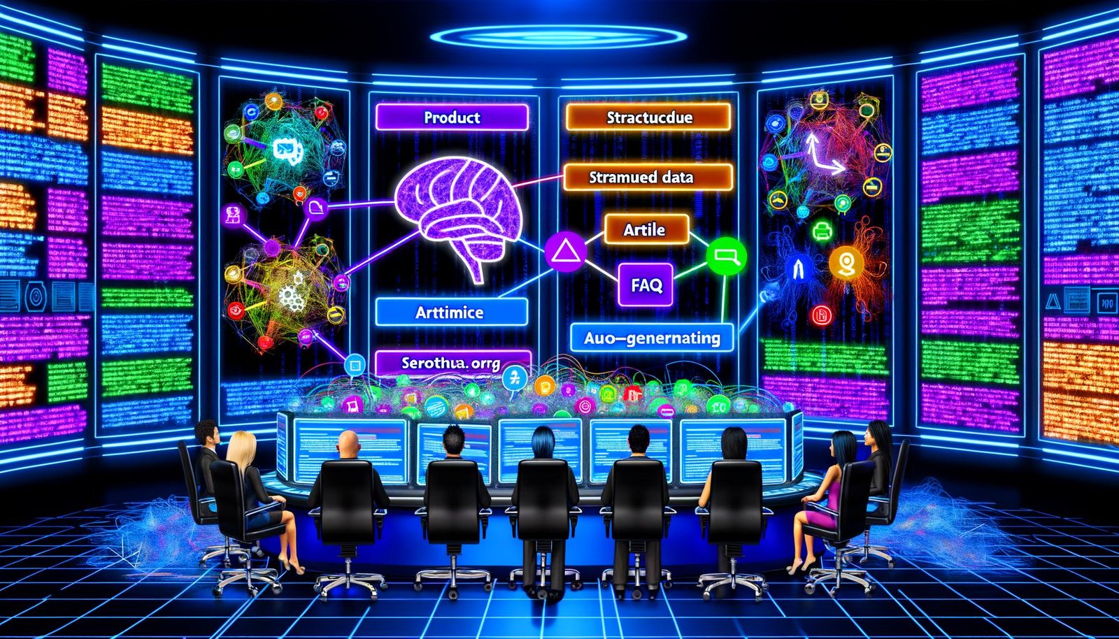 Futuristischer Kontrollraum mit digitalen Bildschirmen, die schema.org-Symbole, KI-Grafiken und automatische Generierung von strukturiertem Daten-Code durch SEO-Profis zeigen.