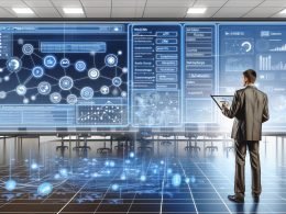 Futuristischer Marketing-Operationsraum mit großen Bildschirmen, Workflow-Diagrammen, Datenflüssen, einem Marketing-Profi am Touchscreen und abstrakten Symbolen für Trigger, API und Alerts.