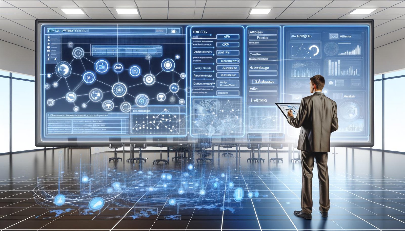 Futuristischer Marketing-Operationsraum mit großen Bildschirmen, Workflow-Diagrammen, Datenflüssen, einem Marketing-Profi am Touchscreen und abstrakten Symbolen für Trigger, API und Alerts.