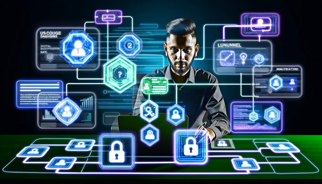Digitaler Marketer am Schreibtisch mit Daten-Dashboards, Analytics-IDs sowie leuchtenden Nutzerreisen zwischen Laptop, Smartphone, Tablet und QR-Code. Ein großes Schloss steht für Datenschutz und Einwilligung.