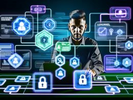 Digitaler Marketer am Schreibtisch mit Daten-Dashboards, Analytics-IDs sowie leuchtenden Nutzerreisen zwischen Laptop, Smartphone, Tablet und QR-Code. Ein großes Schloss steht für Datenschutz und Einwilligung.