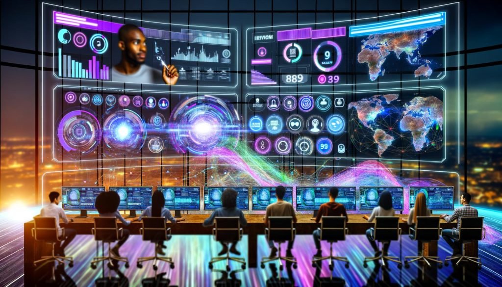 Futuristischer Arbeitsplatz mit bunten Digital-Dashboards, wo ein diverses Team Social-Media-Daten in Echtzeit über mehrere Bildschirme und Hologramme überwacht.