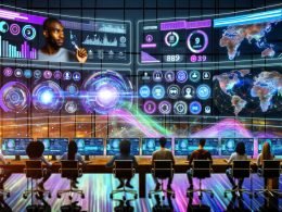 Futuristischer Arbeitsplatz mit bunten Digital-Dashboards, wo ein diverses Team Social-Media-Daten in Echtzeit über mehrere Bildschirme und Hologramme überwacht.