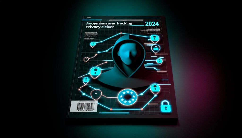 Futuristisches Magazin-Titelbild mit abstrakter Website-Visualisierung, anonymisiertem Nutzer-Avatar und Datenschutzsymbolen wie Vorhängeschloss, Server-Icon und EU-Sternkreis vor dunklem Hintergrund.