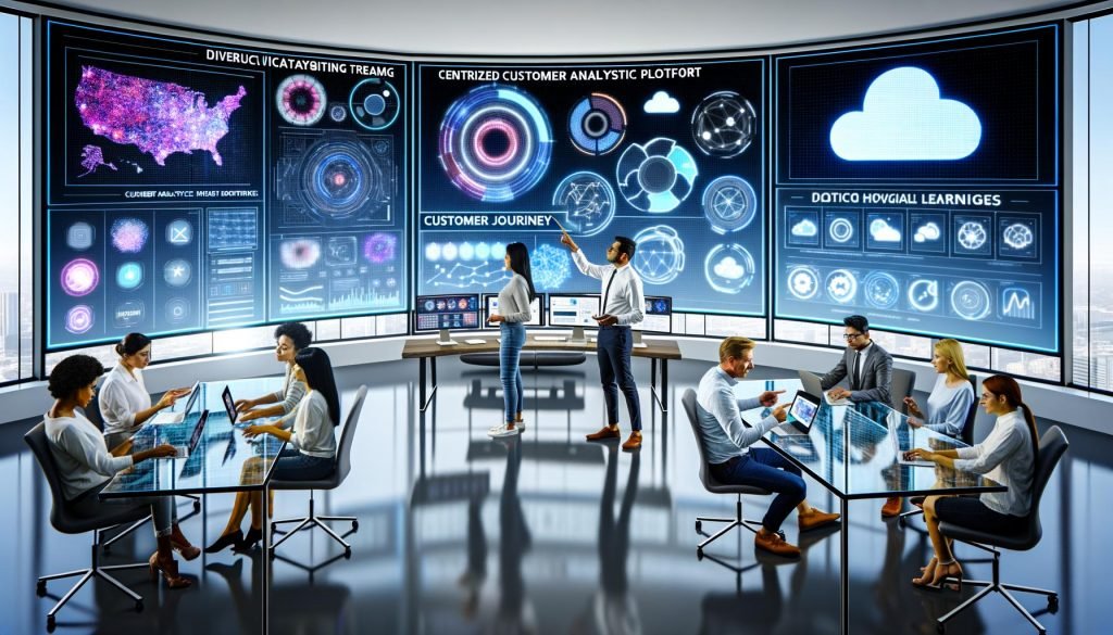 Futuristisches Marketing-Team arbeitet an mehreren Bildschirmen mit Kundenanalyse-Plattform, Heatmaps und Datenvisualisierungen in modernem, minimalistischem Büro