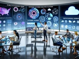 Futuristisches Marketing-Team arbeitet an mehreren Bildschirmen mit Kundenanalyse-Plattform, Heatmaps und Datenvisualisierungen in modernem, minimalistischem Büro