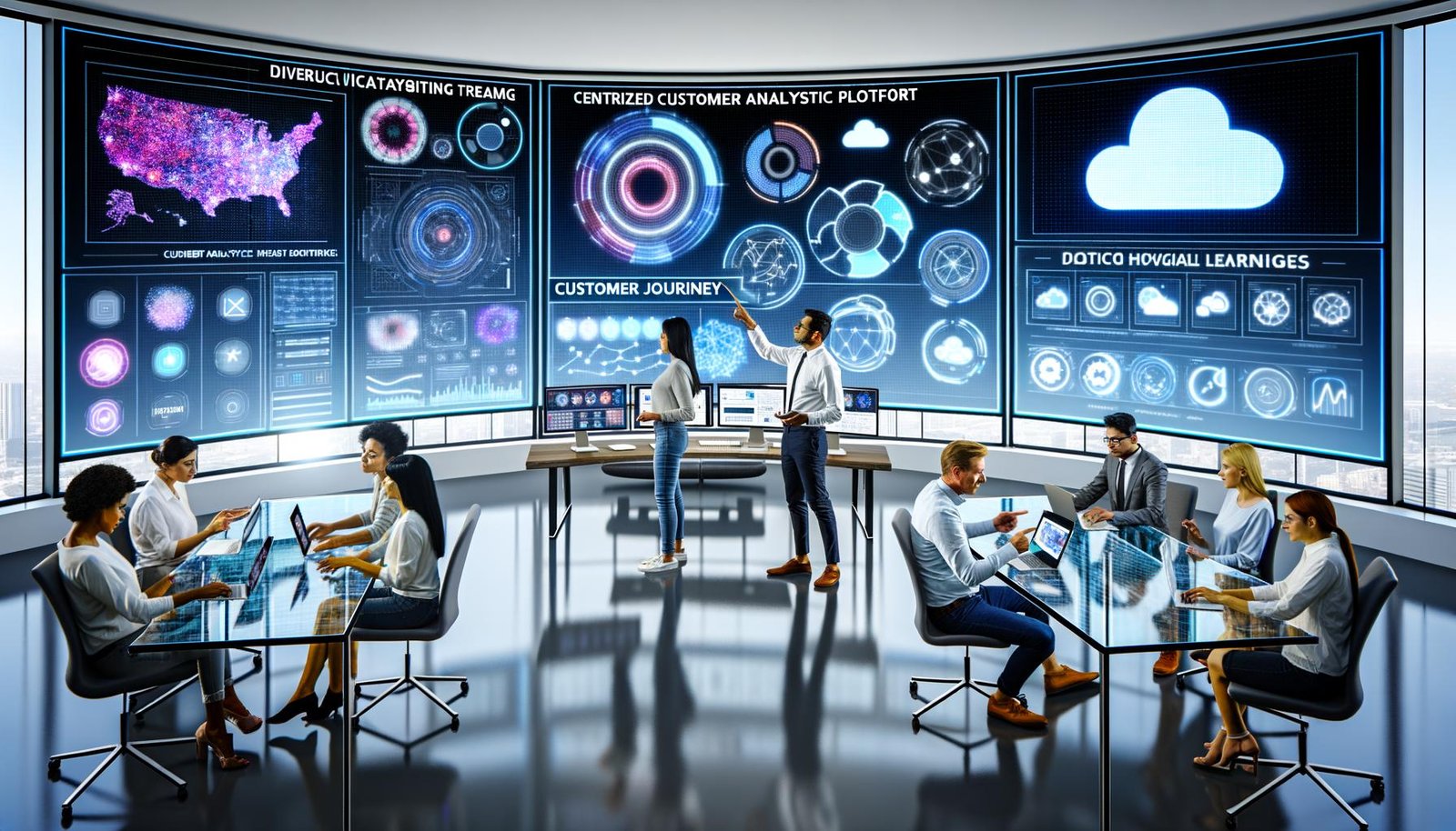 Futuristisches Marketing-Team arbeitet an mehreren Bildschirmen mit Kundenanalyse-Plattform, Heatmaps und Datenvisualisierungen in modernem, minimalistischem Büro