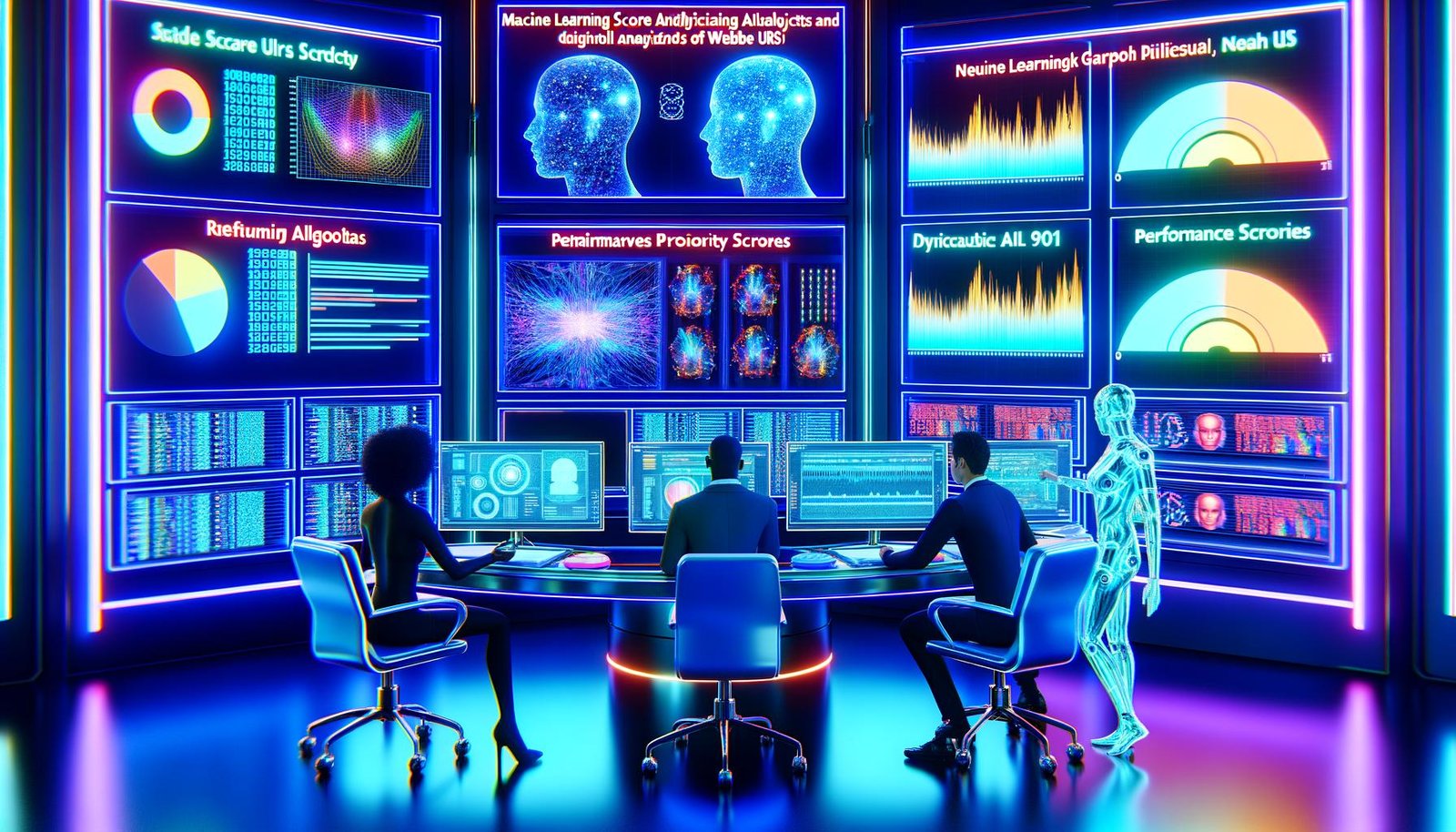 Futuristischer Kontrollraum mit leuchtenden Bildschirmen und Dashboards, die maschinelles Lernen zur URL-Auswertung zeigen. Menschen und ein KI-Hologramm arbeiten an der Priorisierung von Online-Inhalten.